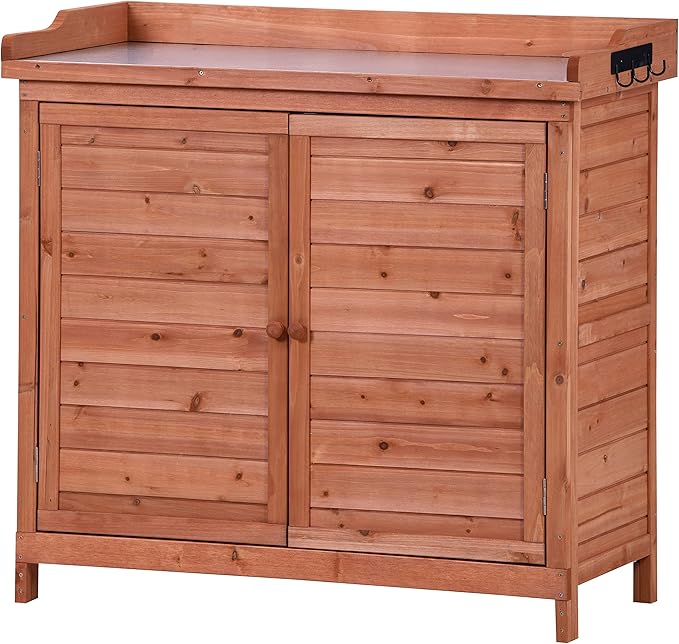 Merax Outdoor 39" Potting Bench Table, Rustic Garden Wood Workstation, Storage Cabinet with 2-Tier Shelves and Side Hook, Orange