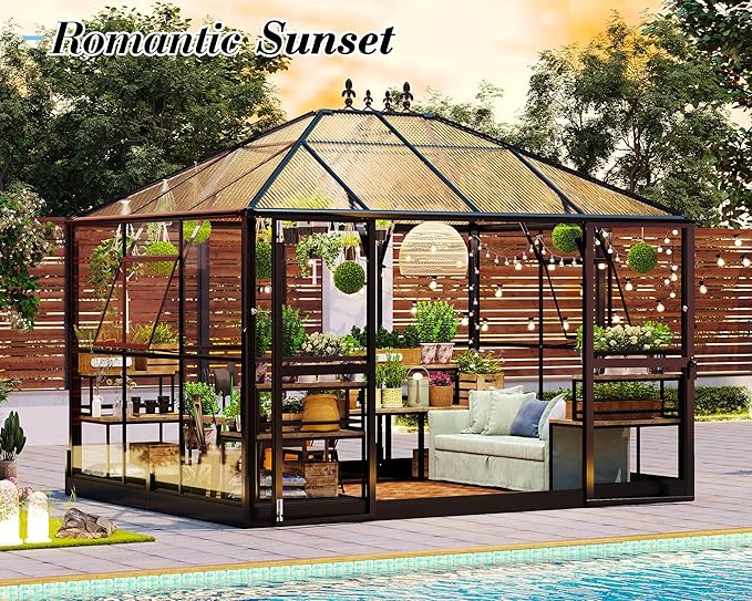 Jocisland 11x8.3x8.6 FT Polycarbonate Greenhouse with Clear Panels- 6 FT Wall Height Outdoor Aluminum Greenhouses with 2 Vents, Double Doors with Hook, Walk-in Greenhouse for Backyard Garden