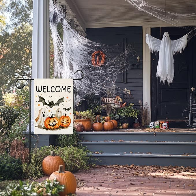 Welcome Halloween Garden Flag for Outside, 12x18 Inch Double Sided Halloween Pumpkin Ghost Bats Yard Flag, Farmhouse Small Yard Flags for Outdoor Decorations, Holiday Decor Gifts-A01