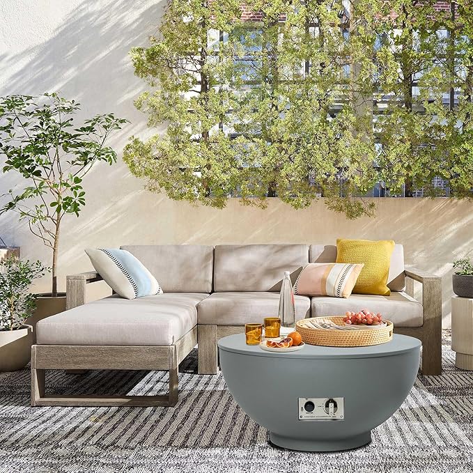 28-Inch Fire Table, 50,000 BTU Oudoor Propane Fire Pit, Patio Round Fire Bowl Gas Firepit with Lid, Lava Rocks, Cover, Pre-Attached 10FT Propane Hose, Gray