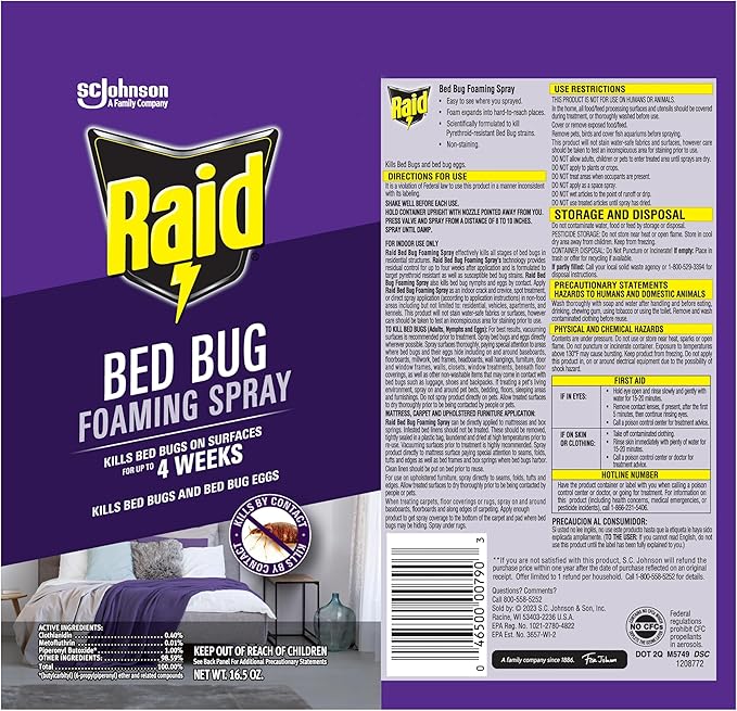 Raid Bed Bug Foaming Spray, Kills Bed Bugs and Their Eggs, for Indoor Use, Non-Staining, Keeps Killing for Weeks, 16.5 oz (Pack of 1)