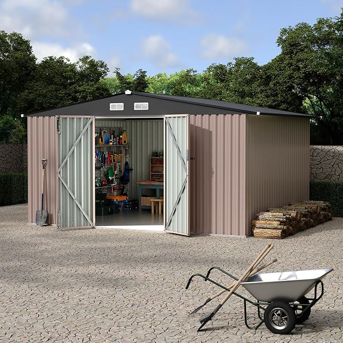 10x12 FT Metal Storage Sheds Outdoor with Floor, Metal Yard Sheds Garden Shed Kit, MetalTool Shed with Lockable Door, Metals UtilitySheds Buildings with Air Vent for Backyard Garden Patio Lawn
