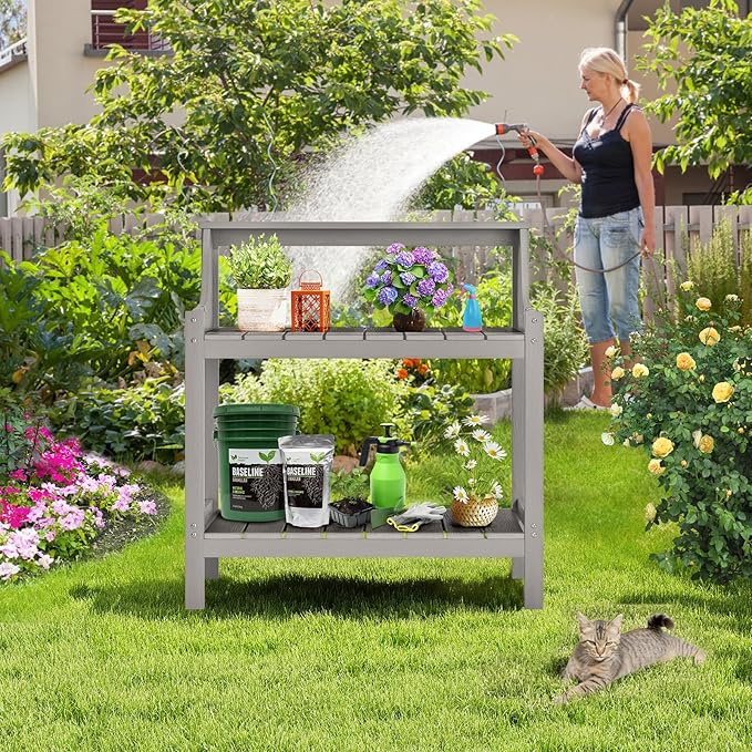 Potting Bench Table, HDPS Potting Bench with 4 Side Hooks, All-Weather Garden Table Work Station, Outdoor Potting Table for Porch, No Rust, No Fade, No Break, 360lbs Capacity (Grey, Large)