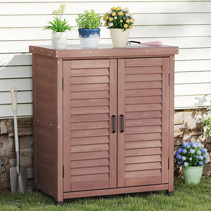 Outdoor Storage Cabinet & Potting Bench Table with Metal Top (Dark Brown, 36x31x17in)