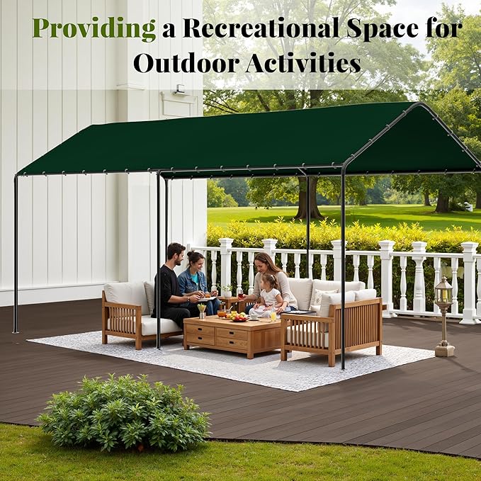 GOJOOASIS 10x20 Carport Heavy Duty Portable Garage Shelter Metal Car Canopy Tent with UV-Resistant & Weatherproof Top Cover for RV & Vehicles (Green, 10x20 Without sidewalls)