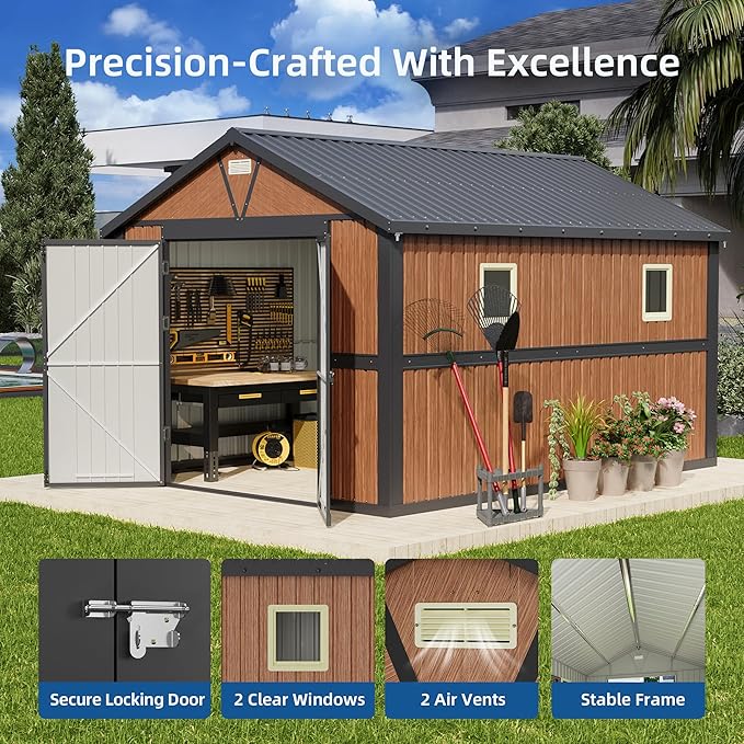 10x12 FT Outdoor Storage Shed, Metal Garden Shed with Floor, Lockable Doors and Windows, Large Tool Shed for Backyard, Patio and Lawn