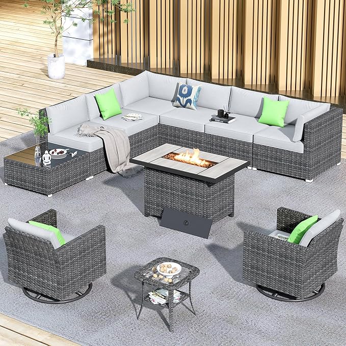 HOOOWOOO 11 Piece Patio Sectional Furniture Set with Fire Pit Table,Modern Wicker Outdoor Conversation Sofa Sets,Weather Resistant Modular L Shaped Outside Couch Swivel Chair Set(Light Grey)