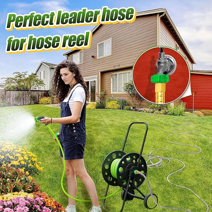 Garden Hose with Female to Female Connector - 50ft Metal Leakproof Leader Hose for Reel, Heavy Duty 304 Stainless Steel Flexible Water Pipe for Outdoor Garden Watering Car Pet Cleaning