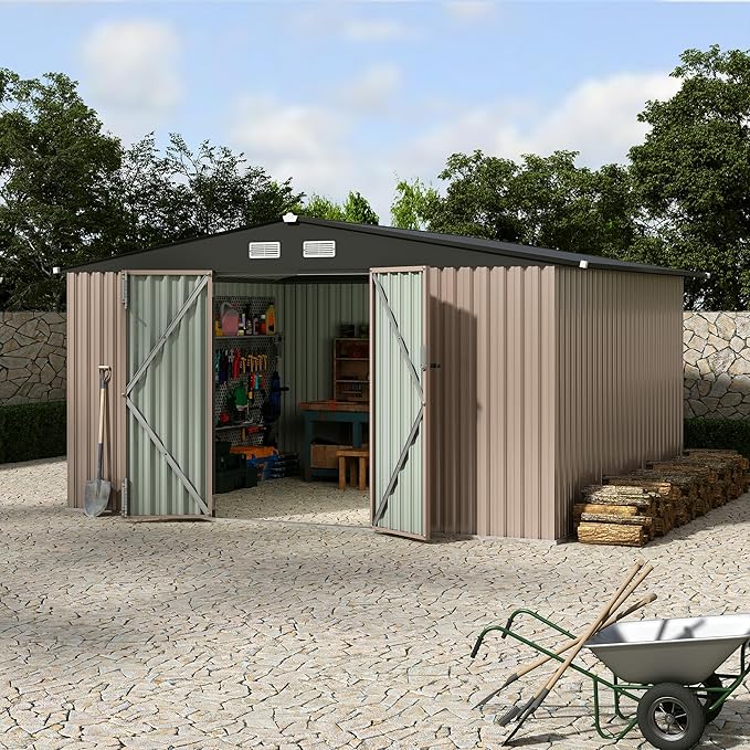 10x12 FT Metal Storage Sheds Outdoor, Metal Yard Sheds Garden Shed Kit, Tool Shed with Lockable Door, Utility Sheds Buildings with Air Vent for Backyard Garden Patio Lawn