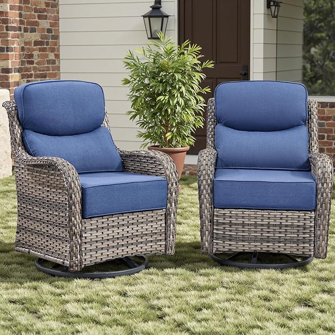 Outdoor Patio Swivel Rocker Chairs Set of 2, Waterproof Wicker, High Back, Deep Seating, Wide Armrest, Upgraded 6 inch Thick Cushions, Ideal for Deck Porch Backyard, Mixed Grey/Blue