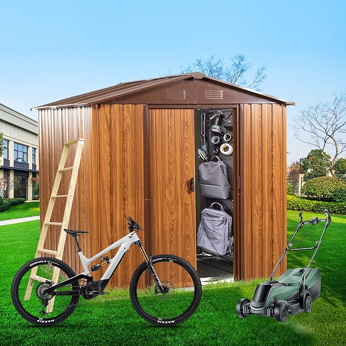 6x6 FT Outdoor Storage Shed, Metal Garden Shed with Frame Floor, Outside Tool Shed with Lockable Sliding Doors, Waterproof Storage Building with Sloped Roof for Backyard, Patio, Lawn, Coffee