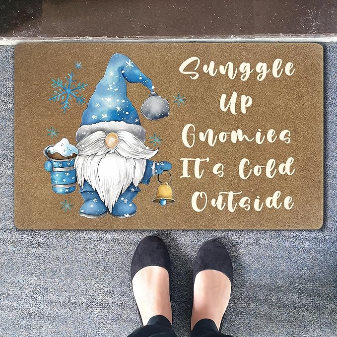 Blue Winter Gnome Faux Coir Door Mats Outdoor, Christmas Gnome Door Mat for Home Outside Entryway, Holiday Winter Christmas Welcome Doormat for Indoor Outdoor Porch Entrance, 17x30 Inch
