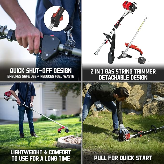 PowerSmart 21-Inch 144cc Gas Push Lawn Mower & 16-Inch 25.4cc String Trimmer/Edger with 10-Inch Brush Cutter for Grass Cutting