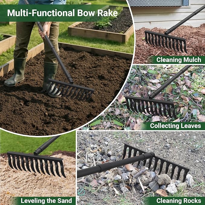 Garden Metal Bow Rake with 60 Inch Long Adjustable Handle,17 Inch Wide Heavy Duty Yard Thatch Rock Rakes for Gardening, Lawn Leveling, Loosening Soil, Gathering Grass, Gravel, Mulch, Leaves