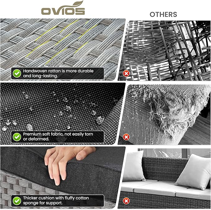 ovios 13 Pieces Patio Furniture Set, Outdoor Wicker Sectional Sofa with 42 Inch Fire Pit Table Comfy Cushions, Modern Modular Deep Seat Rattan Couch Conversation Set, Black