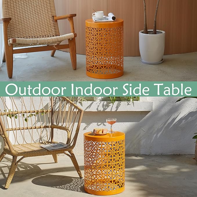 Y&M Set of 3 Stacking Coffee Table for Living Room, Patio Side Table, Indoor End Tables for Bedroom, Outdoor Decorative Garden Stool with Heavy Duty Metal Frame Modern Industrial Decor - Orange