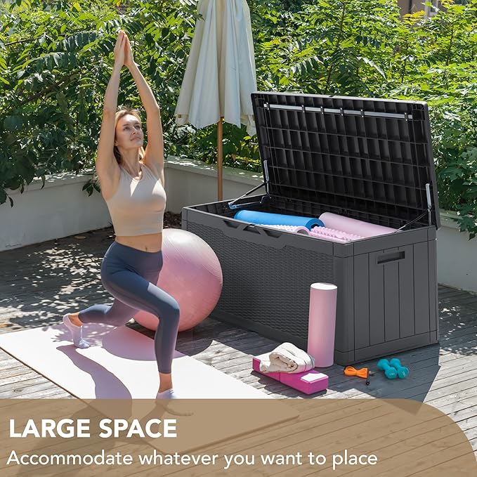 Devoko 100 Gallon Deck Box, Waterproof Resin Outdoor Storage Box with Cushion for Outside and Patio, Large Outdoor Storage Bench Cabinet Lockable for Patio Furniture and Garden Tools (Gray)