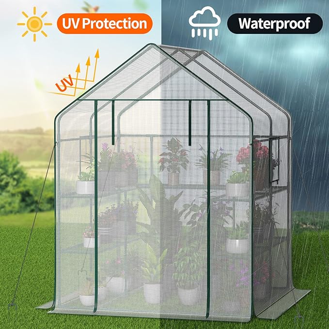 Greenhouse with 2 Mesh Windows, 4 Tiers, and 10 Shelves - Durable PE Cover, Pegs and Ropes for Stability- Perfect for Outdoor Gardens, Plants, Herbs, and Flowers