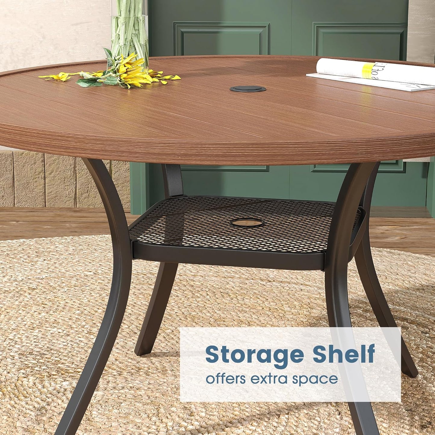 DIFY 48" Round Patio Dining Table for 6, All Weather Round Outdoor Metal Dining Table with 1.57" Umbrella Hole, Perfect for Backyard Lawn Garden, Walnut