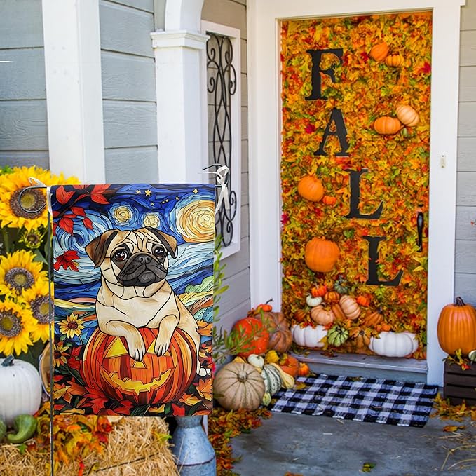 Stained Glass Pug Fall Garden Flag Halloween Pumpkin Yard Signs Autumn Sunflower Thanksgiving Banner for Outside 12x18 Double Sided Small Dog Outdoor Decorative