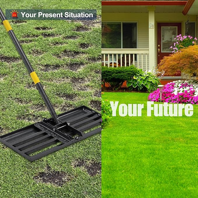 Heavy Duty Lawn Leveling Rake 30x10 with 70" Adjustable Handle - Commercial Grade Landscape Grading Tool, Foldable Yard Leveler for Soil Sand & Topdressing | Stainless Steel + Ergonomic Design