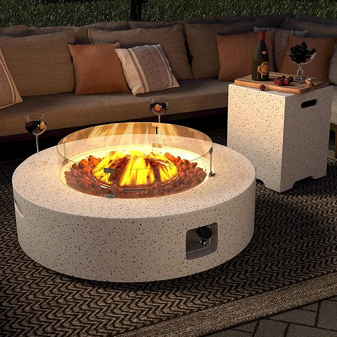 SUNBURY Outdoor 42 Inch Propane Fire Pit Table, 50000 BTU Spotted White Patio Gas Fire Table w Glass Wind Guard, Tank Table, Lava Rocks