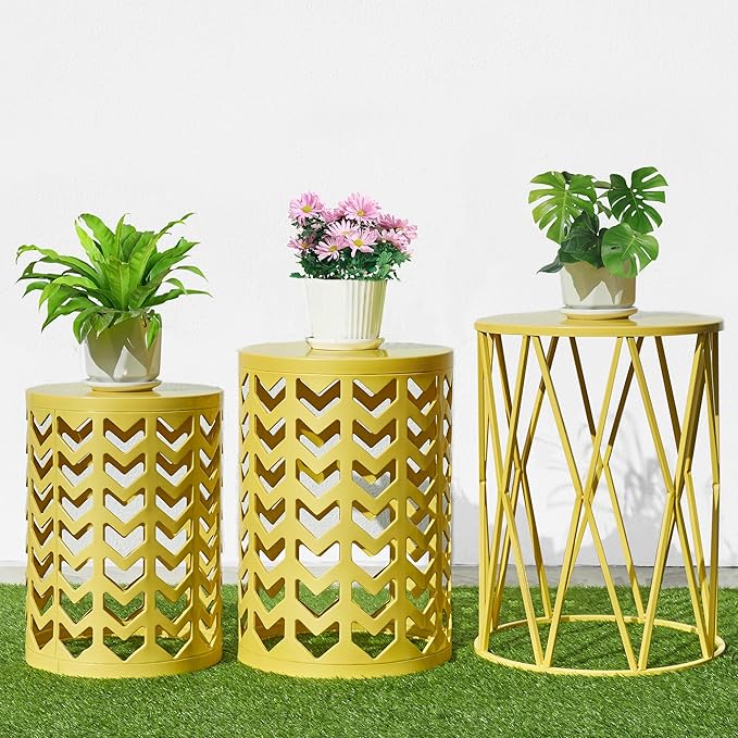 Y&M Set of 3 Nesting Metal Round Coffee Table, Side Table End Table for Indoor Outdoor Multifunctional Use,Heavy Duty Metal Plant Stand Decorative Garden Stool- Yellow(Ship from US)