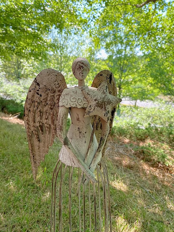 Linfevisi Garden Angel Statue Decor Rustic Metal Angel Sculpture Garden Yard Art Heavenly Home Decor Antiqued Accent Housewarming Gift 2 Pack (Star & Heart)