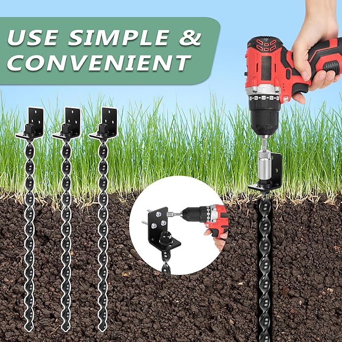 24" Heavy Duty Ground Anchors Screw in, Set of 4 Mobile Home Anchors, Multi-Purpose Earth Anchors with Brackets and Adapter for Drill, Ideal for Mobile Homes, Storage Sheds and Carports(Black)