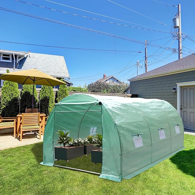 9.8x6.5x6.5 Ft Walk in Greenhouse, Portable Greenhouse, Greenhouse Tunnel, Heavy-Duty Outdoor Greenhouse with Watering System, Roll-up Zipper Door and Window for Outdoor, PE Cover, Green