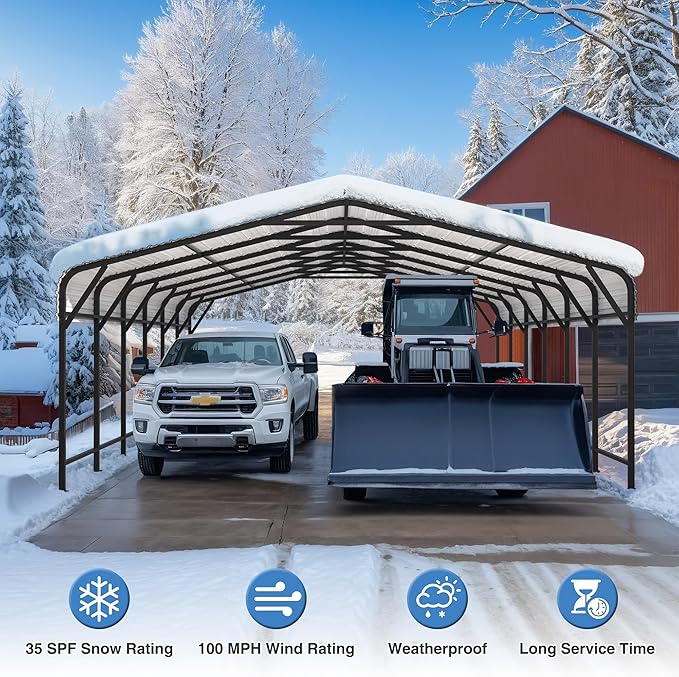 20x30 FT Metal Carport Canopy Heavy Duty with Reinforced Base and Galvanized Steel Roof & Frame, Garage Shelter for Cars, Boats and Trucks
