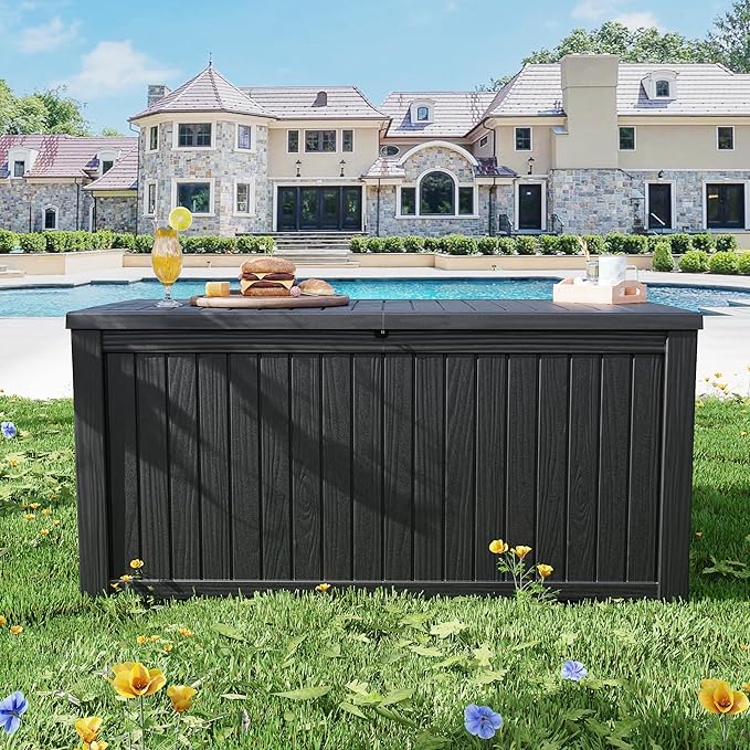 200 Gallon Deck Box, Resin Outdoor Indoor Waterproof Storage Box, Lockable Storage Box With Handle for Patio Furniture - Garden Tools - Swimming Pool Tools UV-Resistant, Black