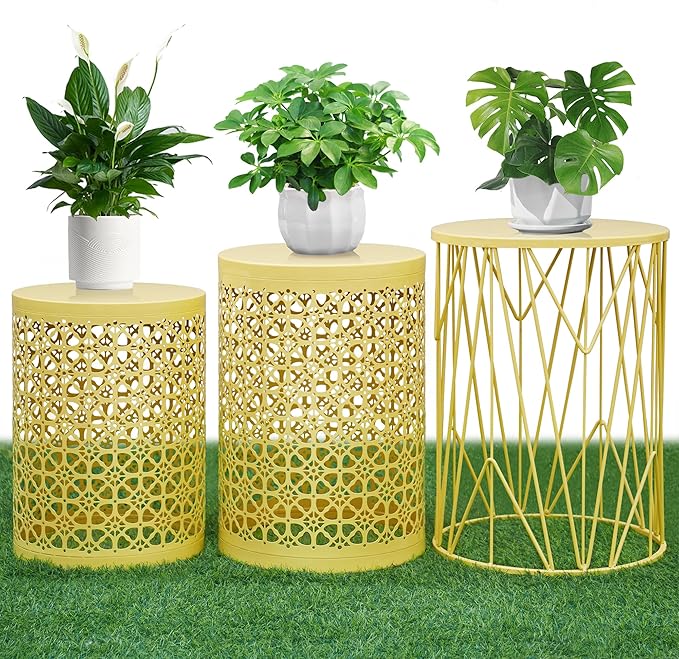 HFHOME Set of 3 Metal Side End Tables Nightstand, Nesting Round Coffee Table for Indoor Outdoor, Heavy Duty Metal Plant Stand Living Room Garden Stool - Yellow