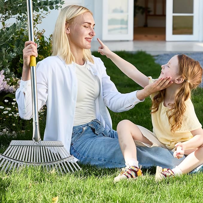 Yocada 19.3" Garden Leaf Rake Wide Heavy Duty Adjustable Long Handle Garden Rake for Yard Garden Lawn Leaves (25 Tines)