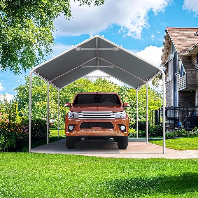 Quictent 10x20 ft Heavy Duty Carport Canopy Galvanized Car Tent Outdoor Garage Boat Shelter with Reinforced Structure, No Sidewall - Gray