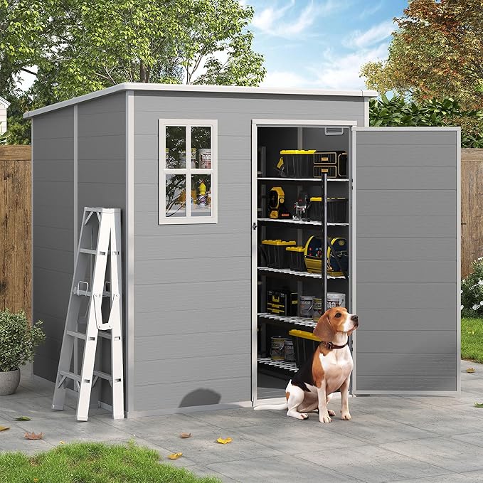 Outdoor Storage Shed, 6x6 FT Resin Shed with Floor and Lockable Door, Window & Vents, Tool Sheds & Outdoor Storage for Bike, Tools, Garden Accessories, Waterproof Grey White