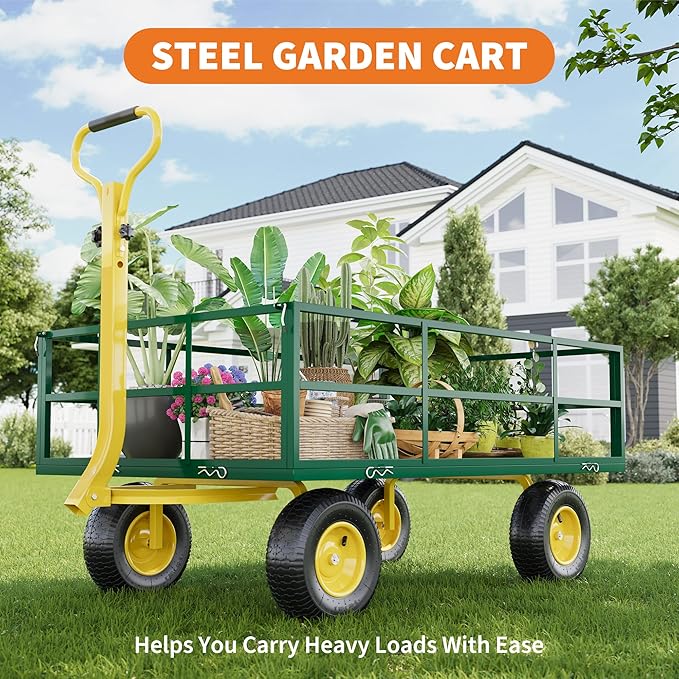 3-in-1 Heavy-Duty Steel Garden Cart, 1200 Lbs Garden Wagon, with 13 Inch All-Terrain Tires and Removable Mesh Side Panels, 180° Rotating Handle, Metal Multi-Function Carts, Outdoor Gardens Wagon Cart