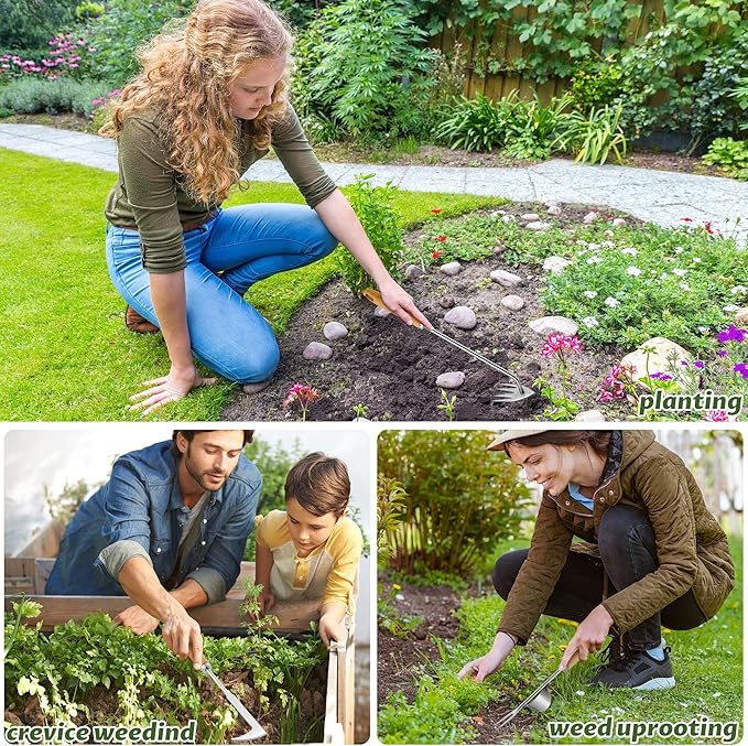 3 Pack Weed Puller Tool, Stainless Steel Crack Weeder Tool, Uprooting Weeding Tool, Paving Brick Moss Removal, L-Shape Gardening Crack Sickle Lawn Edger and Driveway Weeding Tools Gardening