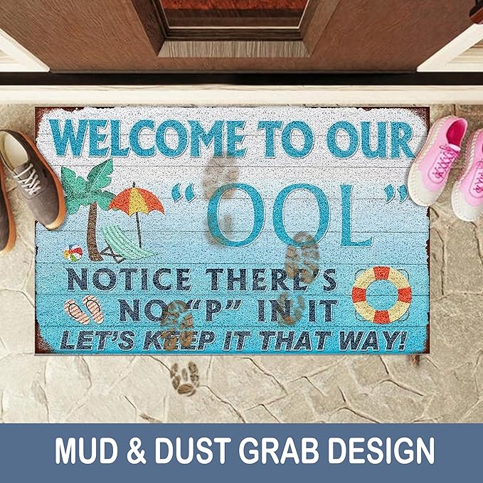 Summer Swimming Pool Door Mat, Funny Poolside Welcome Floor Mats Non-Slip for Front Door Porch Indoor Outside Entrance Entryway, Summer Coastal Doormat, 17x30 Inch