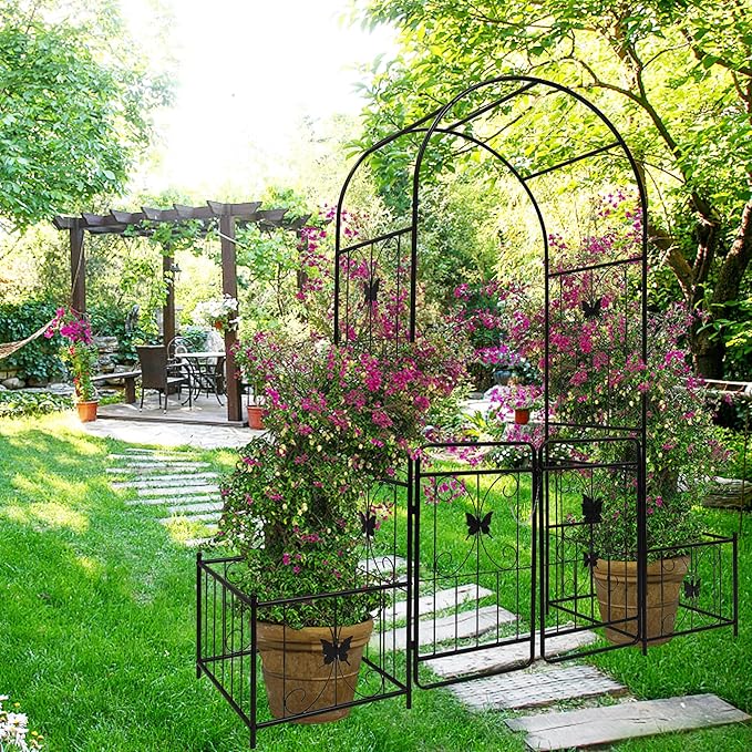 Metal Garden Arch with Gate and 2 Plant Stands, Garden Arch Trellis for Climbing Plants Outdoor, Garden Arbor for Weddings Party Events Decoration, 79.5" L X 20" W X 86.6" H, Black