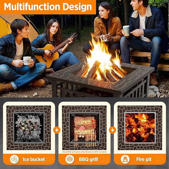 Flamaker Outdoor Fire Pit 32 Inch Firepit Tables Backyard Mutifunctional Square Metal Stove Wood Burning with Cover Poker for Patio, Camping, Bonfire (Copper)