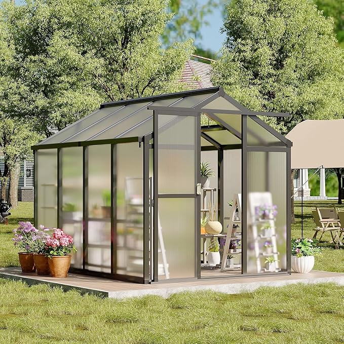 Greenhouse, 6x8 Ft Outdoor Greenhouses with Roof Vents and Sliding Doors, Aluminum Frame Polycarbonate Accessible Greenhouses, Suitable for Outdoor Gardens and Backyards, Black