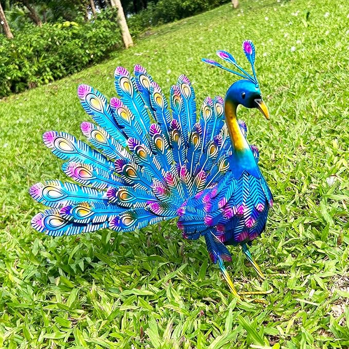 MACLARONX Metal Peacock Garden Yard Art Outdoor Statue Standing Sculpture for Backyard Lawn Patio Home Decorations, 17'' W Multi-Color, Blue-peacock