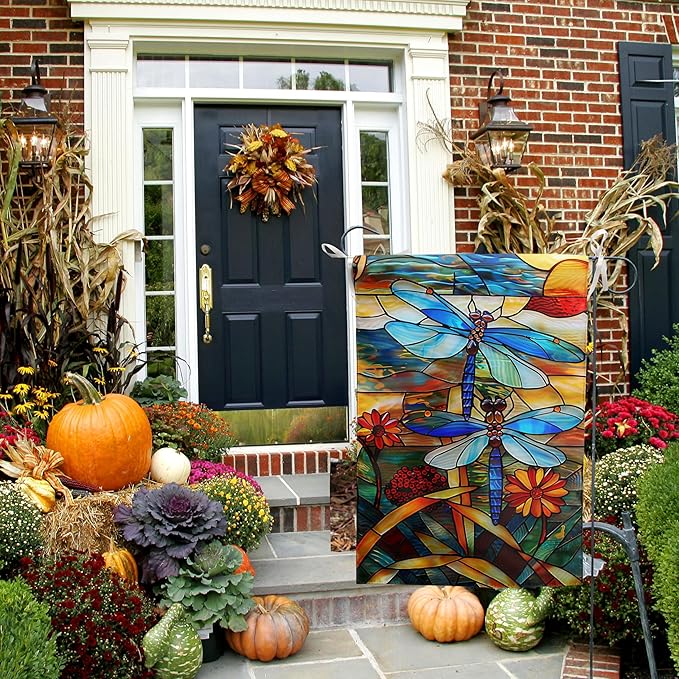 Stained Glass Dragonfly Garden Flag Spring Summer Yard Flag Fall Floral Decorative Flags for Outside 12x18 Double Sided Small Seasonal Lawn Flags Rustic Outdoor Decor