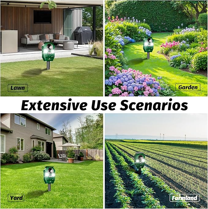 Solar-Powered Ultrasonic Animal Repellent with Motion Sensor, Waterproof Deer Repellent Device with LED Flashing Lights, Perfect for Outdoor Yards, Effective to Repel Deer, Coyotes, Raccoons, and Cats