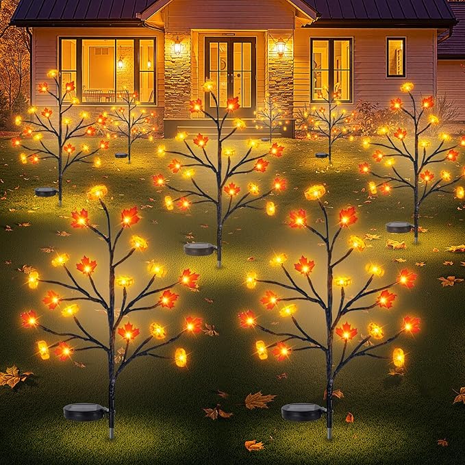8 Pack Fall Solar Lights Outdoor, 160 LED Maple Pumpkin Stake Lights with 8 Mode, Waterproof Solar Pathway Lights for Garden Patio Yard Fall Outdoor Decor