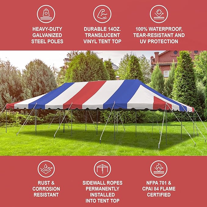 Party Tents Direct 20'x 40' Weekender Canopy Pole Tent with Sidewalls - Easy Up Canopy Tent with 160 Person Capacity - Outdoor Canopies for Parties, Weddings, and Events (Red White and Blue)