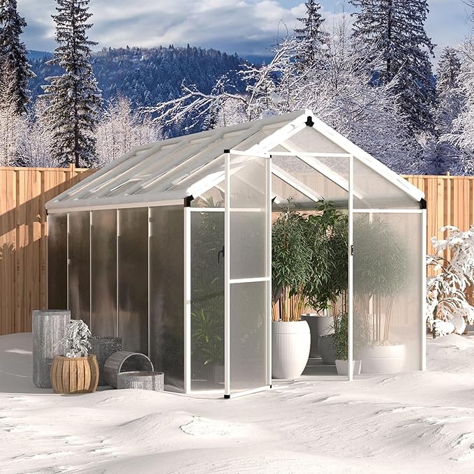 BlueWish 6x10 FT Greenhouses for Outdoors, Cedar Green House with 4-Layers Polycarbonate Panel, Greenhouse Kit with Adjustable Vent & Lockable Door, Walk-in Greenhouse for Outside, Garden, White