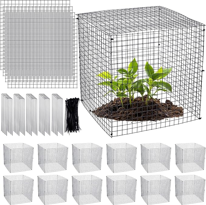 Zubebe 14 Pack Small Wire Plant Protectors Square Plant Protectors from Animals Mesh Cage Chicken Wire Cloche for Shrubs and Vegetables with Ground Stakes and Nylon Ties (12 x 12 Inch)