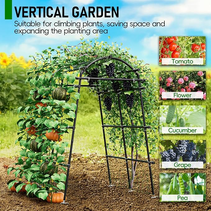 Garden Arch Trellis 88.58" Extra Tall for Climbing Plants Outdoor, Steel Stainless Arched Arbors Tunnel Trellis with Netting, Metal Cable Ties for Cucumber Tomato Pea Vines Fruit
